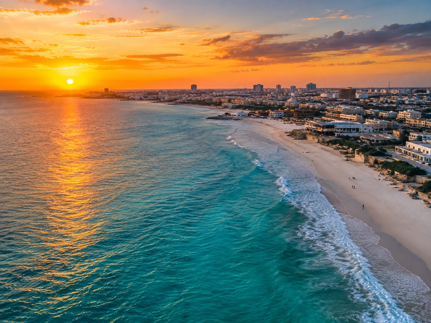 Golden sunset over the turquoise ocean and sweeping Somali coastline
